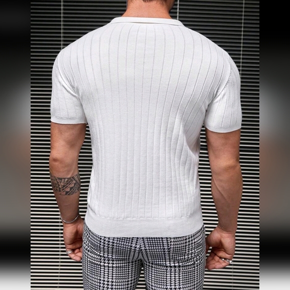 MENS WHITE STRIPED POLO SHIRT - Picture 3 of 4